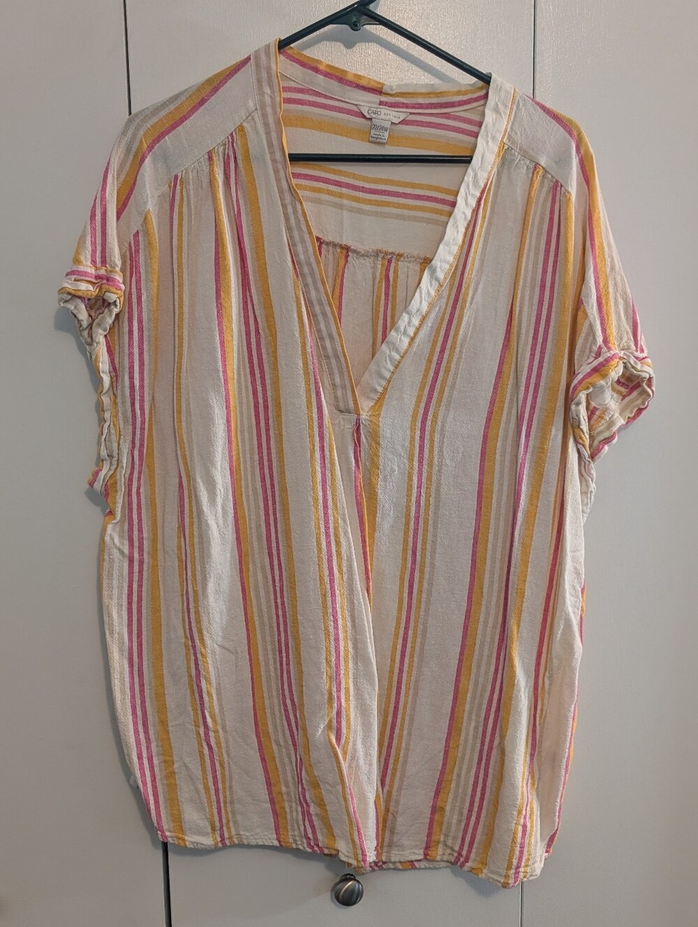 Cato Striped V-Neck Beachy Tunic in White, Pink & Yellow Swim Coverup